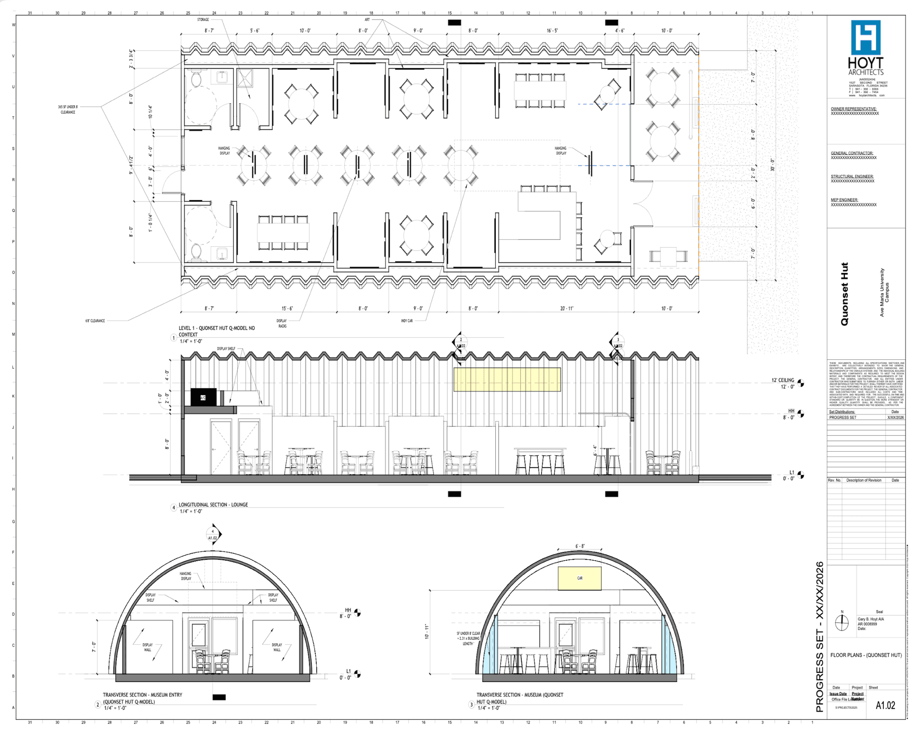 Hoyt Architects floor plan and sections for the Mueller's Quonset Hut