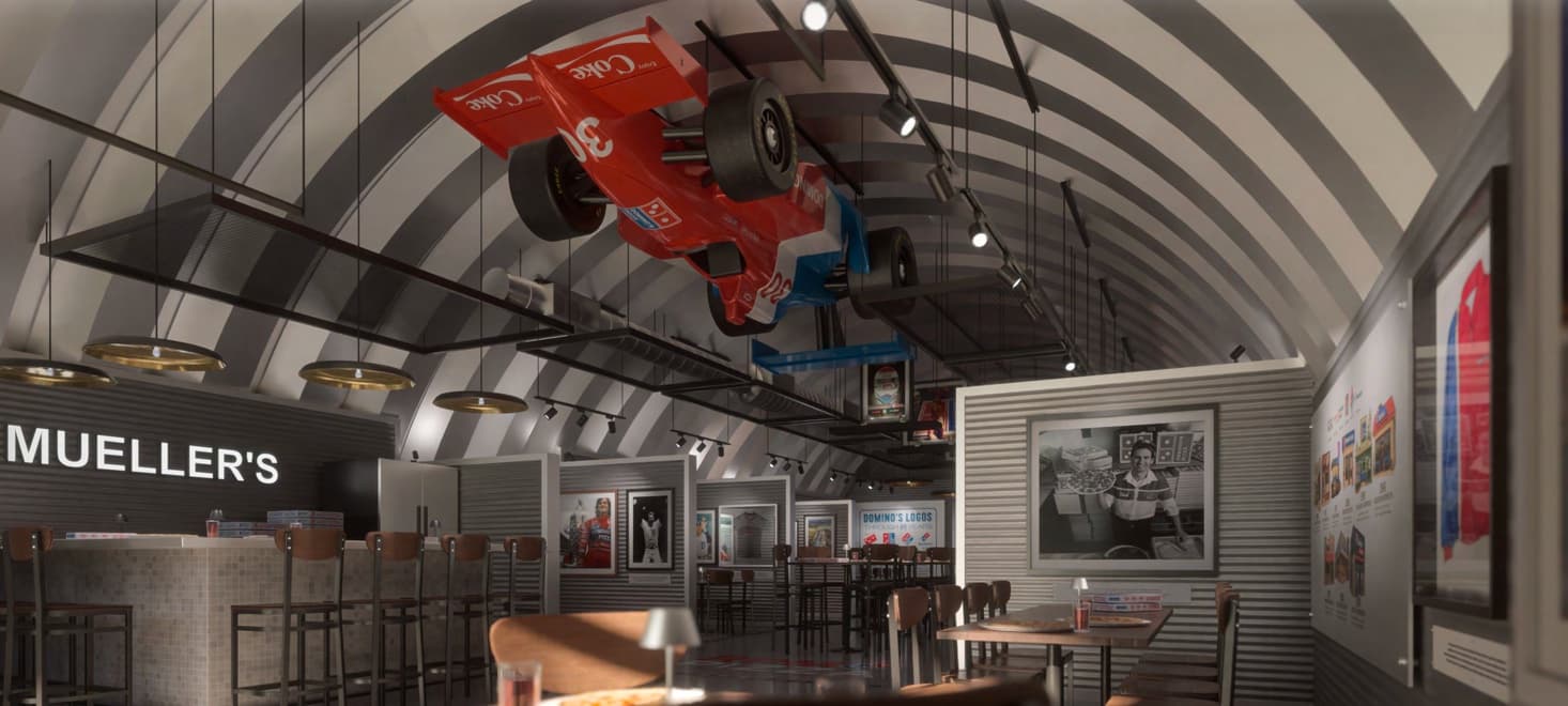 Rendering of Mueller's student gathering space with seating, games, and a shared table