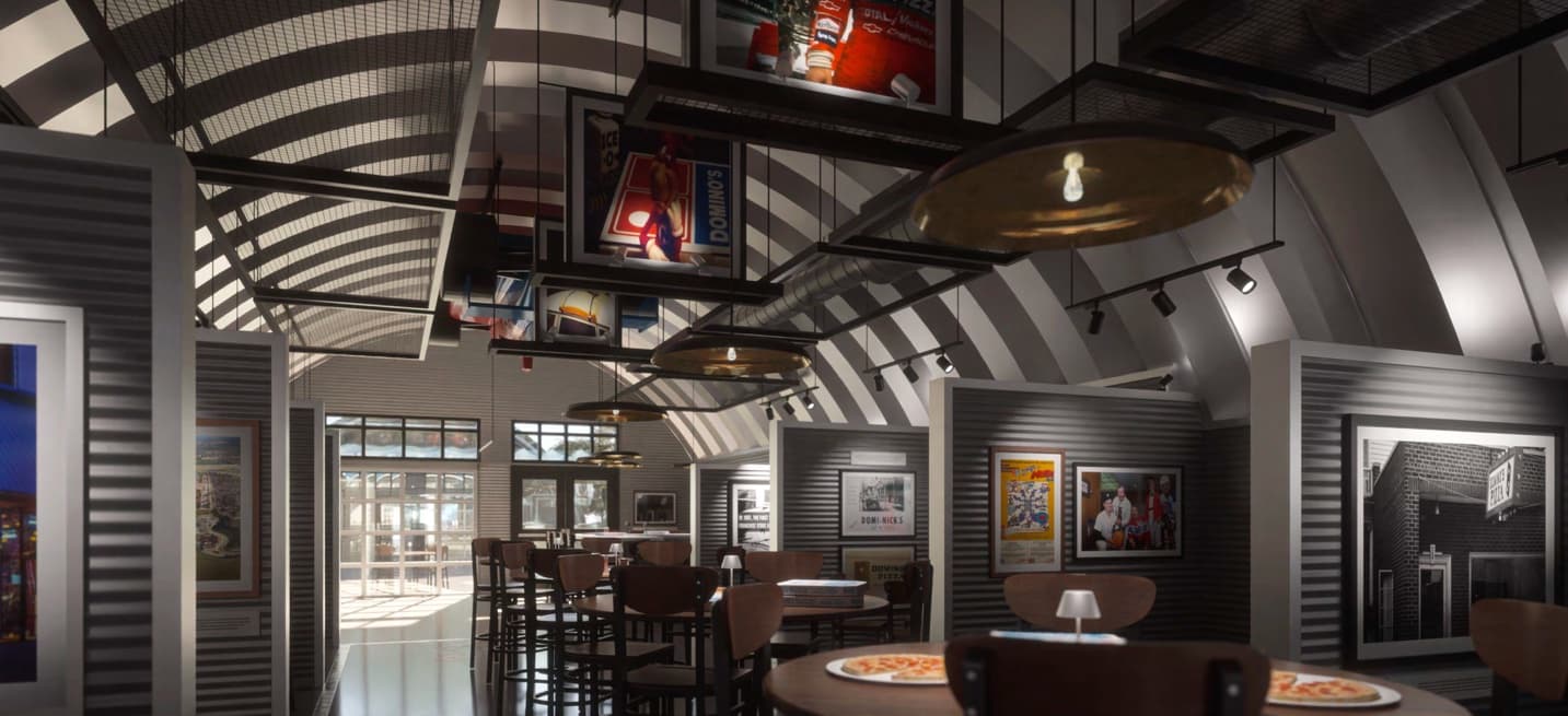 Rendering of Mueller's gathering space looking toward the windows and student seating